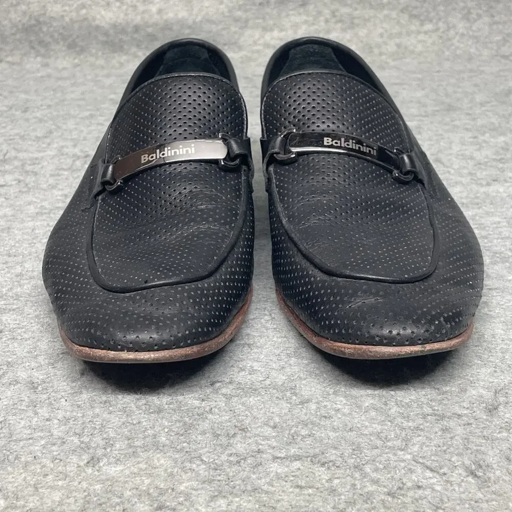 Baldinini Men 10 Loafers Black Perforated Leather Laser Cut Italy Luxury Slip-on